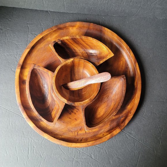 Vintage Wood Snack Chip and Dip Serving Set Tray Bowls and Wood Spreader Knife T - Picture 2 of 6